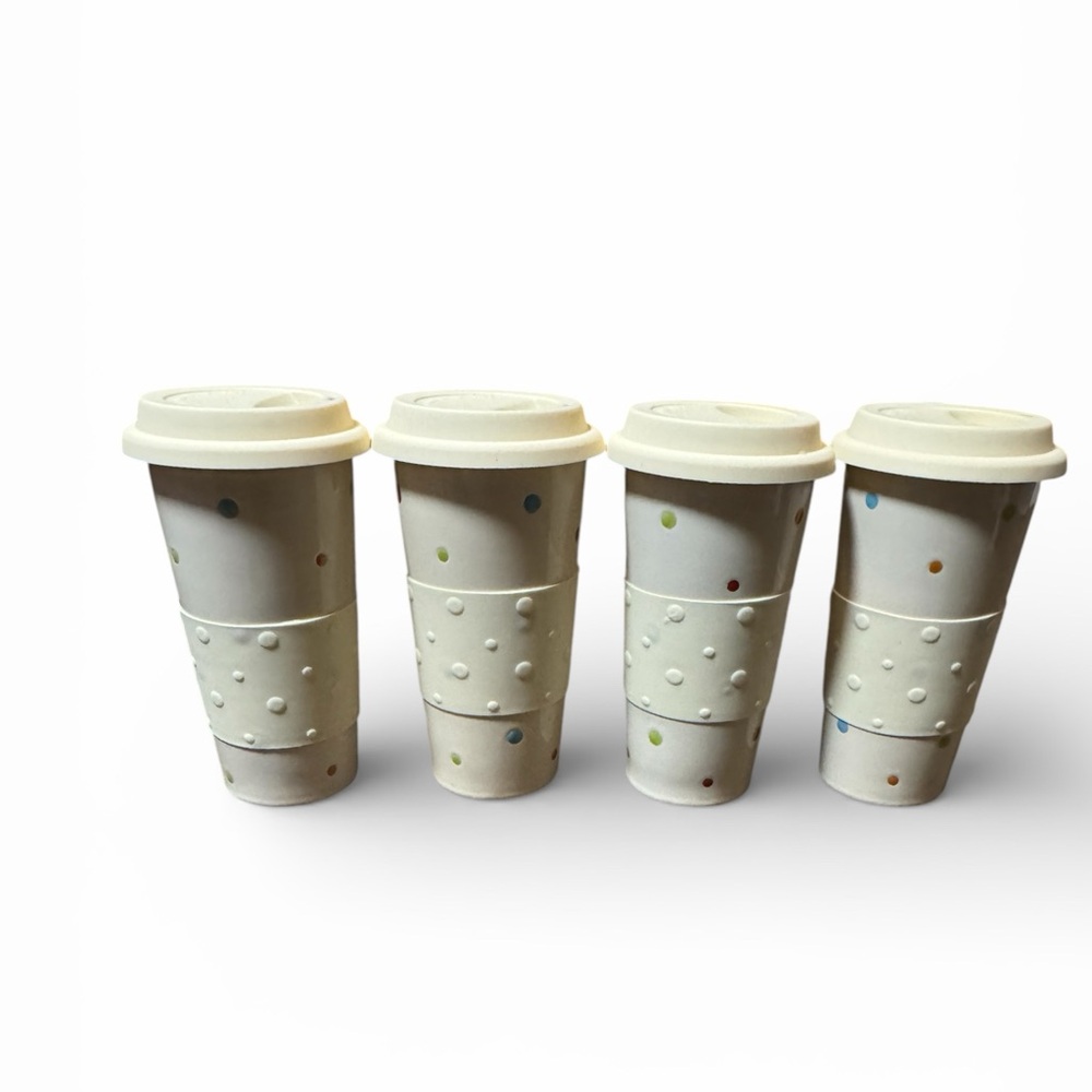 Temp-Tations Cream Polka Dot 12oz Mug Bundle 4 Cups With Lids